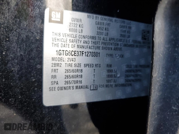 2015 GMC Canyon 4WD SLT with VIN 1GTG6CE37F1270301, listed as a Copart auction lot 47665365 with 135,300 mi miles and Salvage Title. Bid and sale history available at carsss.com. Image 12.