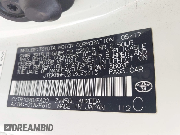 2017 Toyota Prius Two with VIN JTDKBRFU2H3043413, listed as a IAAI auction lot 41719364 with 98,457 mi miles. Bid and sale history available at carsss.com. Image 9.