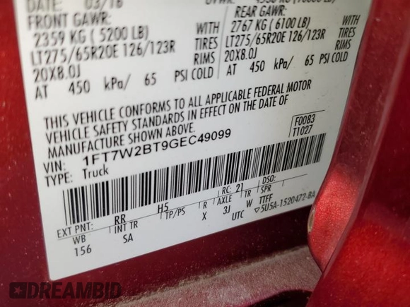 2016 Ford F-250 Lariat z VIN 1FT7W2BT9GEC49099, wystawiony jako Copart lot #51031955 z przebiegiem 77 414 mil mil oraz Szkoda całkowita • Salvage title. Historia ofert i sprzedaży dostępna na DreamBid. Obrazek 13.
