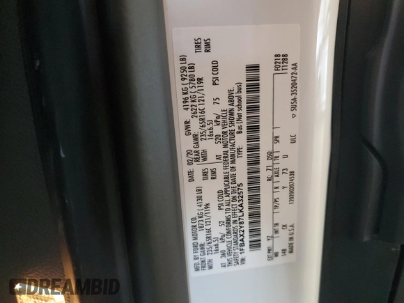 2020 Ford Transit Passenger XL с VIN 1FBAX2Y87LKA32575, выставлен на аукционе Copart как лот 61767065 с пробегом 93 125 миль миль и Списание • Salvage title. История ставок и продаж доступна на DreamBid. Изображение 13.