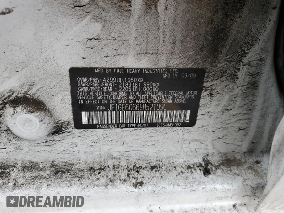 2009 Subaru Impreza i с VIN JF1GE60669H521090, выставлен на аукционе Copart как лот 48390365 с пробегом Не указан миль и Списание • Salvage title. История ставок и продаж доступна на DreamBid. Изображение 14.