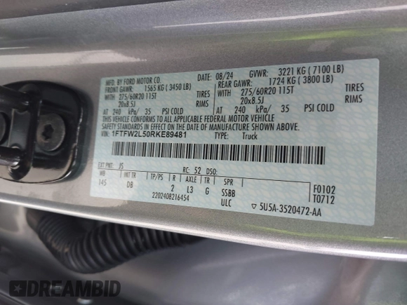 2024 Ford F-150 STX with VIN 1FTFW2L50RKE89481, listed as a IAAI auction lot 41570986 with 2,955 mi miles and . Bid and sale history available at carsss.com. Image 9.