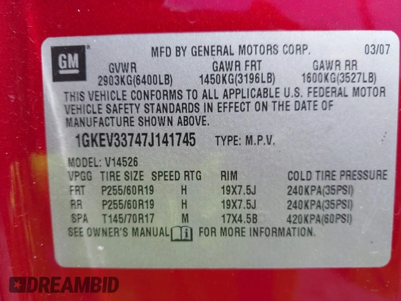 2007 GMC Acadia SLT with VIN 1GKEV33747J141745, listed as a IAAI auction lot 42035105 with 244,134 mi miles. Bid and sale history available at carsss.com. Image 9.