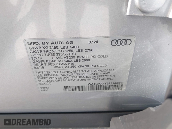 2024 Audi Q5 S line Premium with VIN WA1GAAFY9R2140669, listed as a IAAI auction lot 42092210 with 4,326 mi miles and . Bid and sale history available at DreamBid. Image 9.