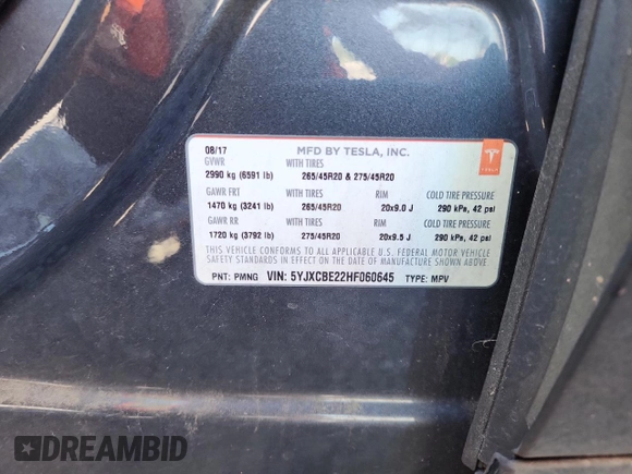 2017 Tesla Model X 90D z VIN 5YJXCBE22HF060645, wystawiony jako Copart lot #57907115 z przebiegiem 55 343 mil mil oraz Szkoda całkowita • Salvage title. Historia ofert i sprzedaży dostępna na DreamBid. Obrazek 12.