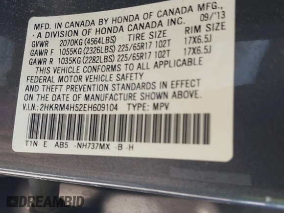 2014 Honda CR-V EX with VIN 2HKRM4H52EH609104, listed as a IAAI auction lot 41879419 with 1 mi miles. Bid and sale history available at carsss.com. Image 9.