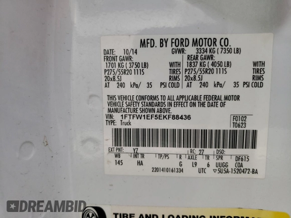 2014 Ford F-150 XL with VIN 1FTFW1EF5EKF88436, listed as a Copart auction lot 55343215 with 150,953 mi miles and Salvage title. Bid and sale history available at DreamBid. Image 12.