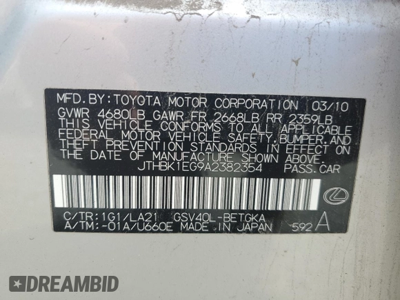 2010 Lexus ES 330 с VIN JTHBK1EG9A2382354, выставлен на аукционе Copart как лот 85461614 с пробегом 205 469 миль миль и Списание • Salvage title. История ставок и продаж доступна на DreamBid. Изображение 12.