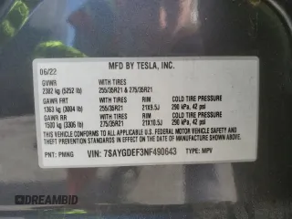 2022 Tesla Model Y Performance with VIN 7SAYGDEF3NF490643, listed as a Copart auction lot 46975825 with 50,792 mi miles and Salvage Title. Bid and sale history available at DreamBid. Image 14.
