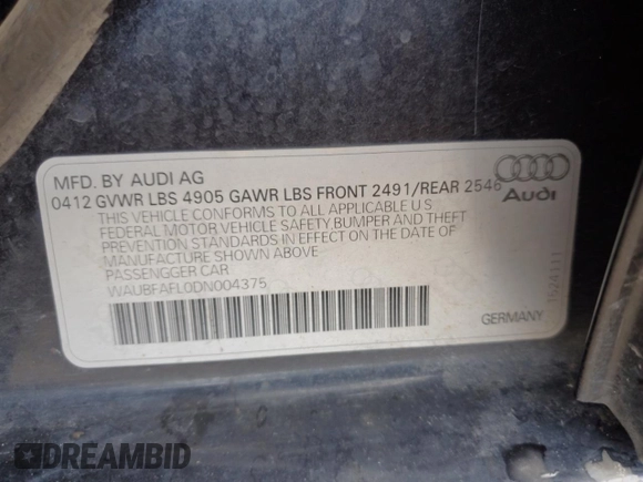2013 Audi A4 Premium with VIN WAUBFAFL0DN004375, listed as a Copart auction lot 61096035 with 205,905 mi miles and Salvage title. Bid and sale history available at DreamBid. Image 12.
