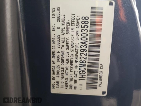 2003 Honda Accord LX with VIN 1HGCM82293A003588, listed as a Copart auction lot 61054915 with 239,243 mi miles and Clean title. Bid and sale history available at DreamBid. Image 12.