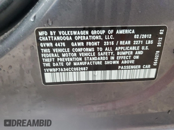 2012 Volkswagen Passat SE с VIN 1VWBP7A34CC052687, выставлен на аукционе Copart как лот 51536385 с пробегом 117 779 миль миль и Чистый • Clean title. История ставок и продаж доступна на DreamBid. Изображение 12.