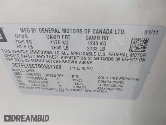 2011 GMC Terrain SLE-2 with VIN 2CTFLTEC7B6331100, listed as a IAAI auction lot 42588329 with 161,398 mi miles and . Bid and sale history available at DreamBid. Image 9.