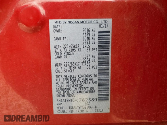 2017 Nissan Rogue SL with VIN 5N1AT2MT0HC782589, listed as a Copart auction lot 62337775 with 92,871 mi miles and Salvage title. Bid and sale history available at DreamBid. Image 13.