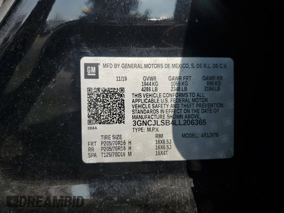 2020 Chevrolet Trax LT z VIN 3GNCJLSB4LL206365, wystawiony jako Copart lot #65134995 z przebiegiem 73 690 mil mil oraz Szkoda całkowita • Salvage title. Historia ofert i sprzedaży dostępna na DreamBid. Obrazek 13.