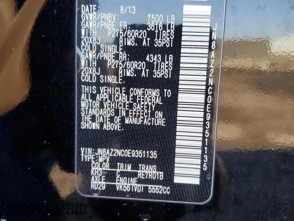 2014 Infiniti QX80 with VIN JN8AZ2NC0E9351135, listed as a Copart auction lot 52055355 with 0 mi miles and Salvage Title. Bid and sale history available at carsss.com. Image 15.