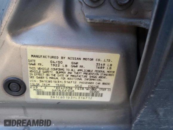 2000 Nissan Sentra XE with VIN 3N1CB51D3YL316712, listed as a Copart auction lot 84512254 with 228,070 mi miles and Salvage title. Bid and sale history available at DreamBid. Image 12.
