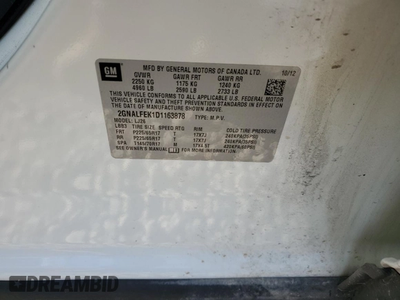 2013 Chevrolet Equinox LTZ z VIN 2GNALFEK1D1163878, wystawiony jako Copart lot #53620135 z przebiegiem Nie podano mil oraz Szkoda całkowita • Salvage title. Historia ofert i sprzedaży dostępna na DreamBid. Obrazek 15.