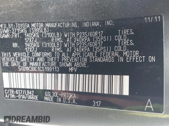 2012 Toyota Sienna XLE AAS with VIN 5TDYK3DC1CS199113, listed as a IAAI auction lot 42123757 with 211,723 mi miles and . Bid and sale history available at carsss.com. Image 9.