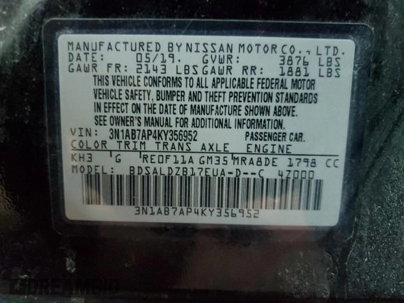 2019 Nissan Sentra S with VIN 3N1AB7AP4KY356952, listed as a Copart auction lot 43980935 with 113,553 mi miles and Salvage Title. Bid and sale history available at carsss.com. Image 12.