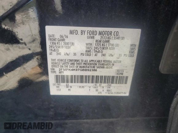 2016 Ford Edge Titanium with VIN 2FMPK4K97GBB92386, listed as a Copart auction lot 65618724 with 170,019 mi miles and Salvage Title. Bid and sale history available at carsss.com. Image 13.