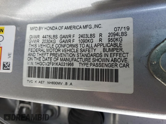 2019 Honda Accord Touring with VIN 1HGCV2F91KA031966, listed as a Copart auction lot 47657155 with 113,130 mi miles and Salvage title. Bid and sale history available at DreamBid. Image 13.