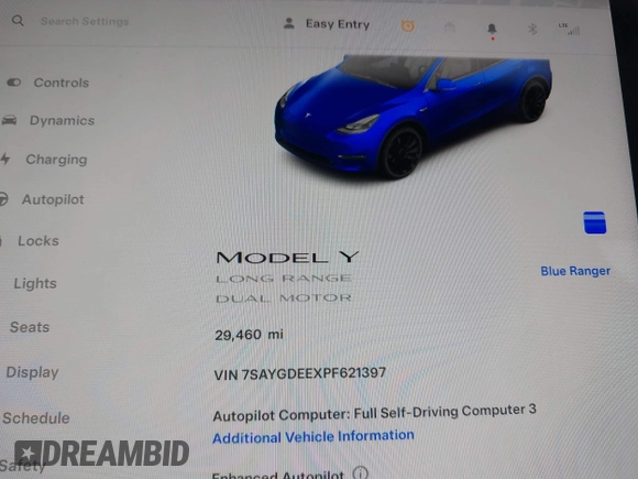 2023 Tesla Model Y Long Range with VIN 7SAYGDEEXPF621397, listed as a IAAI auction lot 41922714 with 29,460 mi miles. Bid and sale history available at carsss.com. Image 7.