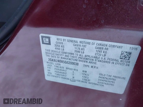 2016 GMC Terrain SLE with VIN 2GKALNEK5G6200638, listed as a IAAI auction lot 41357632 with 124,130 mi miles. Bid and sale history available at carsss.com. Image 9.