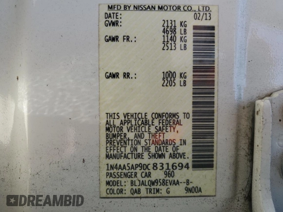 2013 Nissan Maxima SV with VIN 1N4AA5AP9DC831694, listed as a Copart auction lot 52857515 with 131,286 mi miles and Salvage Title. Bid and sale history available at DreamBid. Image 12.