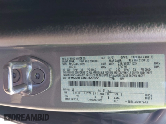 2021 Ford Escape S with VIN 1FMCU0F63MUA50558, listed as a IAAI auction lot 42072684 with 19,241 mi miles and . Bid and sale history available at DreamBid. Image 9.
