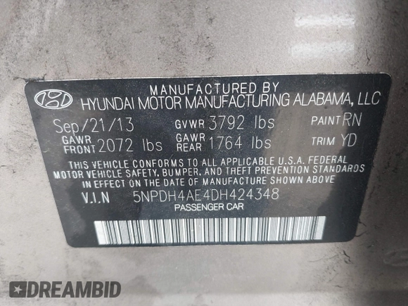 2013 Hyundai Elantra GLS z VIN 5NPDH4AE4DH424348, wystawiony jako IAAI lot #42472170 z przebiegiem 116 574 mil mil oraz . Historia ofert i sprzedaży dostępna na DreamBid. Obrazek 9.