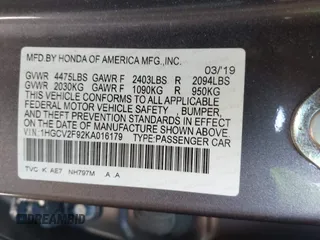 2019 Honda Accord Touring with VIN 1HGCV2F92KA016179, listed as a IAAI auction lot 41975156 with 101,674 mi miles and . Bid and sale history available at DreamBid. Image 9.