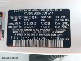 2013 Hyundai Santa Fe 2.0T Sport with VIN 5XYZUDLA9DG067638, listed as a IAAI auction lot 41781769 with 99,022 mi miles. Bid and sale history available at carsss.com. Image 9.