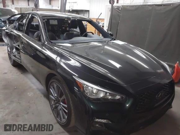 2024 Infiniti Q50 Red Sport 400 with VIN JN1FV7DP4RM660305, listed as a IAAI auction lot 41829269 with 9,943 mi miles and . Bid and sale history available at DreamBid. Image 1.