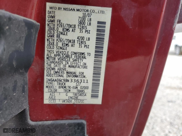 2008 Nissan Titan XE with VIN 1N6AA06C98N336311, listed as a Copart auction lot 43977905 with 191,659 mi miles and Clean Title. Bid and sale history available at carsss.com. Image 13.