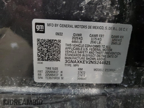 2022 Chevrolet Equinox LT with VIN 3GNAXKEV2NS244921, listed as a Copart auction lot 57093084 with 47,545 mi miles and Non Repairable. Bid and sale history available at DreamBid. Image 15.