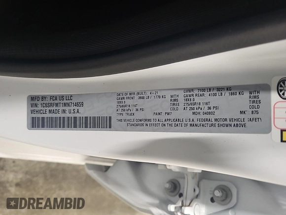 2021 Ram 1500 Big Horn z VIN 1C6SRFMT1MN714659, wystawiony jako IAAI lot #42521058 z przebiegiem 126 678 mil mil oraz . Historia ofert i sprzedaży dostępna na DreamBid. Obrazek 50.