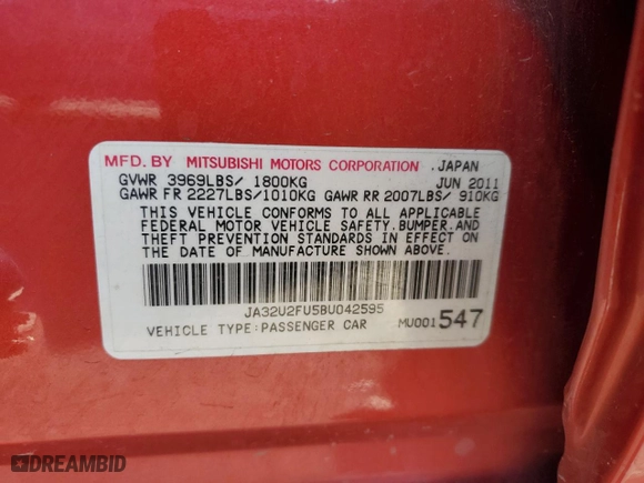2011 Mitsubishi Lancer ES with VIN JA32U2FU5BU042595, listed as a Copart auction lot 50229105 with 98862 miles and Salvage Title. Bid and sale history available at carsss.com. Image 12.