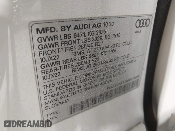 2021 Audi Q8 Premium Plus z VIN WA1EVAF11MD013975, wystawiony jako IAAI lot #41380207 z przebiegiem 77 979 mil mil oraz . Historia ofert i sprzedaży dostępna na DreamBid. Obrazek 9.