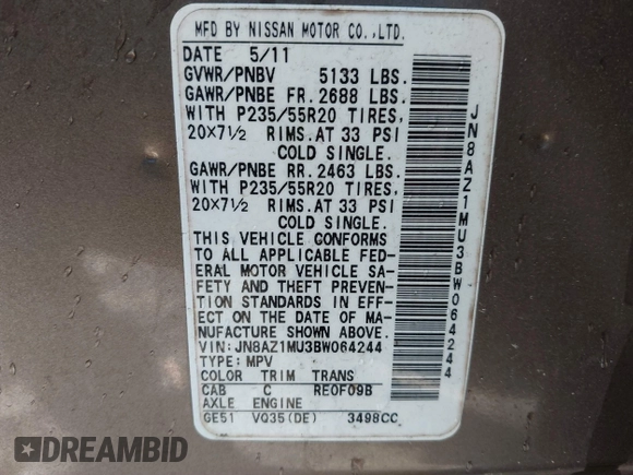 2011 Nissan Murano SL with VIN JN8AZ1MU3BW064244, listed as a IAAI auction lot 41339824 with 175,242 mi miles and . Bid and sale history available at carsss.com. Image 9.