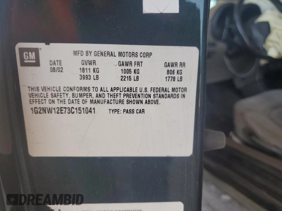 2003 Pontiac Grand Am GT z VIN 1G2NW12E73C151041, wystawiony jako Copart lot #58393835 z przebiegiem 106 052 mil mil oraz Szkoda całkowita • Salvage title. Historia ofert i sprzedaży dostępna na DreamBid. Obrazek 12.