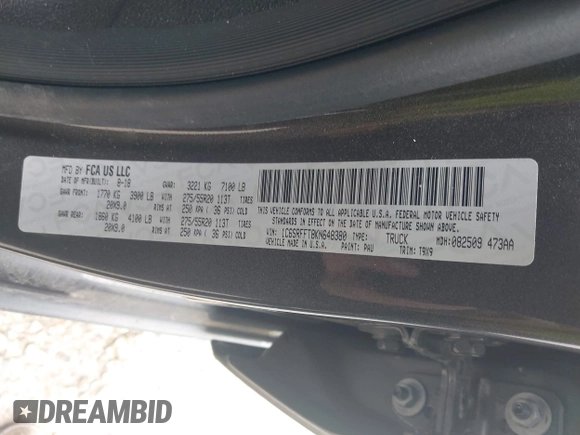 2019 Ram 1500 Big Horn/Lone Star with VIN 1C6SRFFT8KN648380, listed as a IAAI auction lot 41941356 with 28,251 mi miles. Bid and sale history available at carsss.com. Image 9.