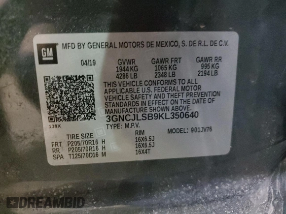 2019 Chevrolet Trax LT with VIN 3GNCJLSB9KL350640, listed as a Copart auction lot 48168875 with 73,358 mi miles and Clean Title. Bid and sale history available at carsss.com. Image 13.