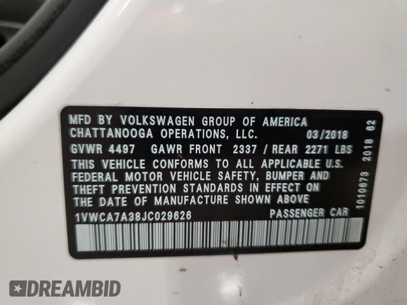 2018 Volkswagen Passat SEL Premium z VIN 1VWCA7A38JC029626, wystawiony jako Copart lot #52119595 z przebiegiem 63 342 mil mil oraz Nie do naprawy • Non repairable. Historia ofert i sprzedaży dostępna na DreamBid. Obrazek 12.