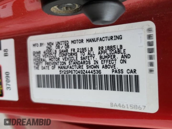 2009 Pontiac Vibe w/1SB with VIN 5Y2SP67049Z444536, listed as a Copart auction lot 44020383 with 0 mi miles and Non Repairable. Bid and sale history available at carsss.com. Image 14.