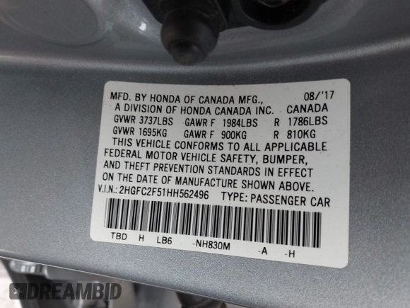2017 Honda Civic LX z VIN 2HGFC2F51HH562496, wystawiony jako IAAI lot #41524243 z przebiegiem Nie podano mil oraz . Historia ofert i sprzedaży dostępna na DreamBid. Obrazek 9.