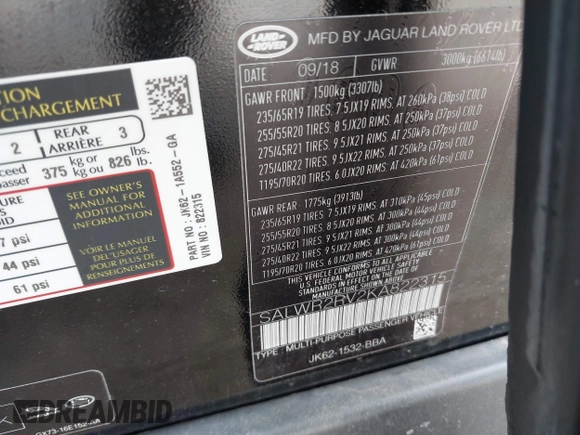 2019 Land Rover Range Rover Sport HSE с VIN SALWR2RV2KA822315, выставлен на аукционе IAAI как лот 42138032 с пробегом 63 173 миль миль и . История ставок и продаж доступна на DreamBid. Изображение 9.