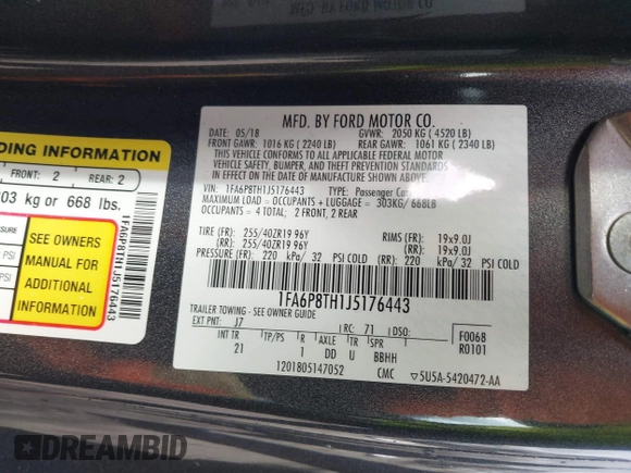 2018 Ford Mustang EcoBoost with VIN 1FA6P8TH1J5176443, listed as a IAAI auction lot 41778053 with 50,708 mi miles and . Bid and sale history available at carsss.com. Image 9.