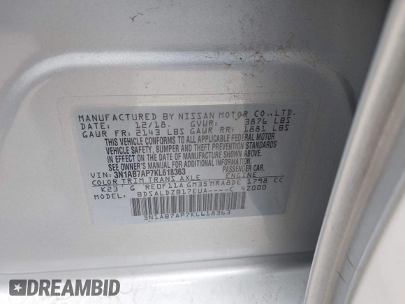 2019 Nissan Sentra SV with VIN 3N1AB7AP7KL618363, listed as a IAAI auction lot 42094721 with 80,460 mi miles and . Bid and sale history available at DreamBid. Image 9.