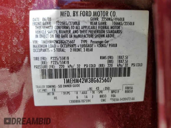 2008 Mercury Sable Premier with VIN 1MEHM42W38G625607, listed as a Copart auction lot 57874805 with 230,365 mi miles and Salvage title. Bid and sale history available at DreamBid. Image 13.